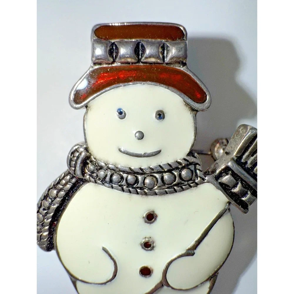 Vintage Signed Lia Enamel‎ & Marcasite Snowman Brooch — Rhinestone Christmas Pin